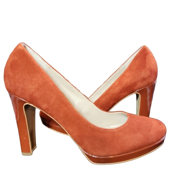 Franco Sarto Balada Suede Burnt Orange Colored Heels Size 7 Bussiness Casual - Picture 1 of 10